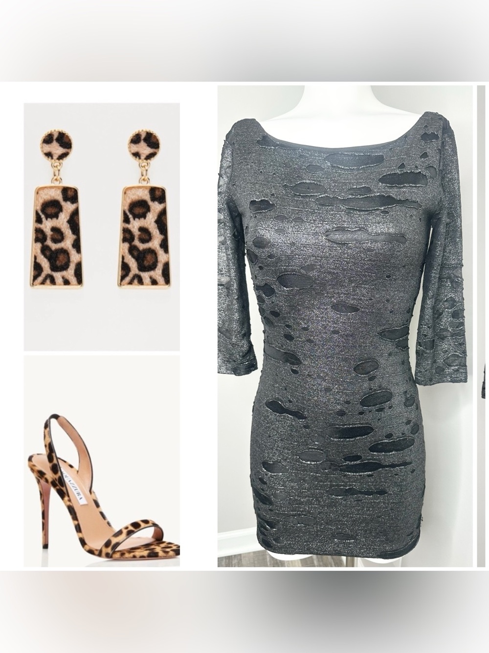 F21 Metallic Distressed Scoop Neck Mini Dress - Black silver -small